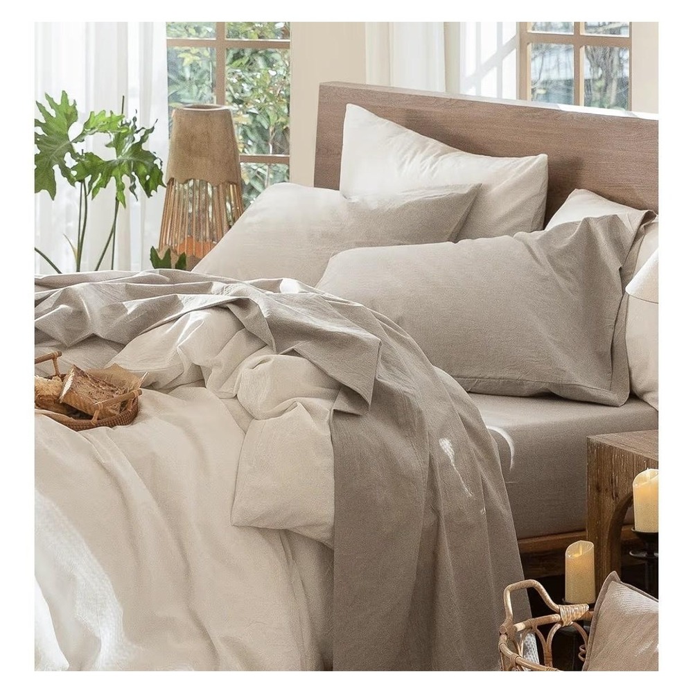 MooMee King Duvet Cover Set 100% Cotton Textured Beige Soft Striped Breathable